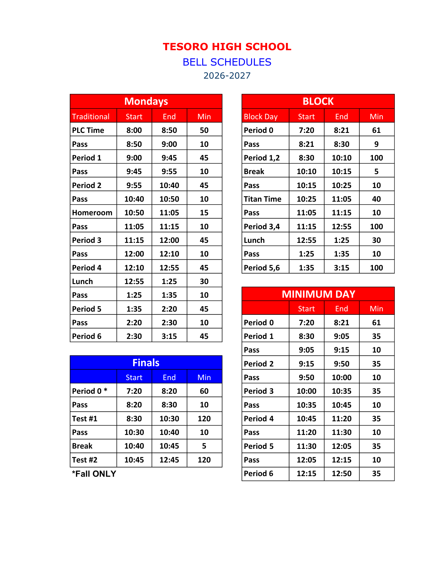 Tesoro High School Bell Schedule