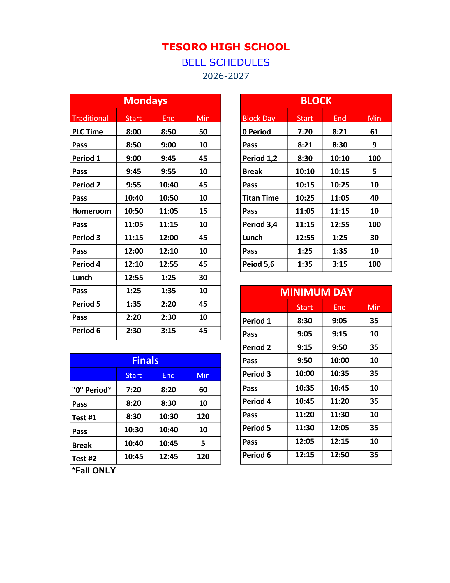Tesoro High School Bell Schedule