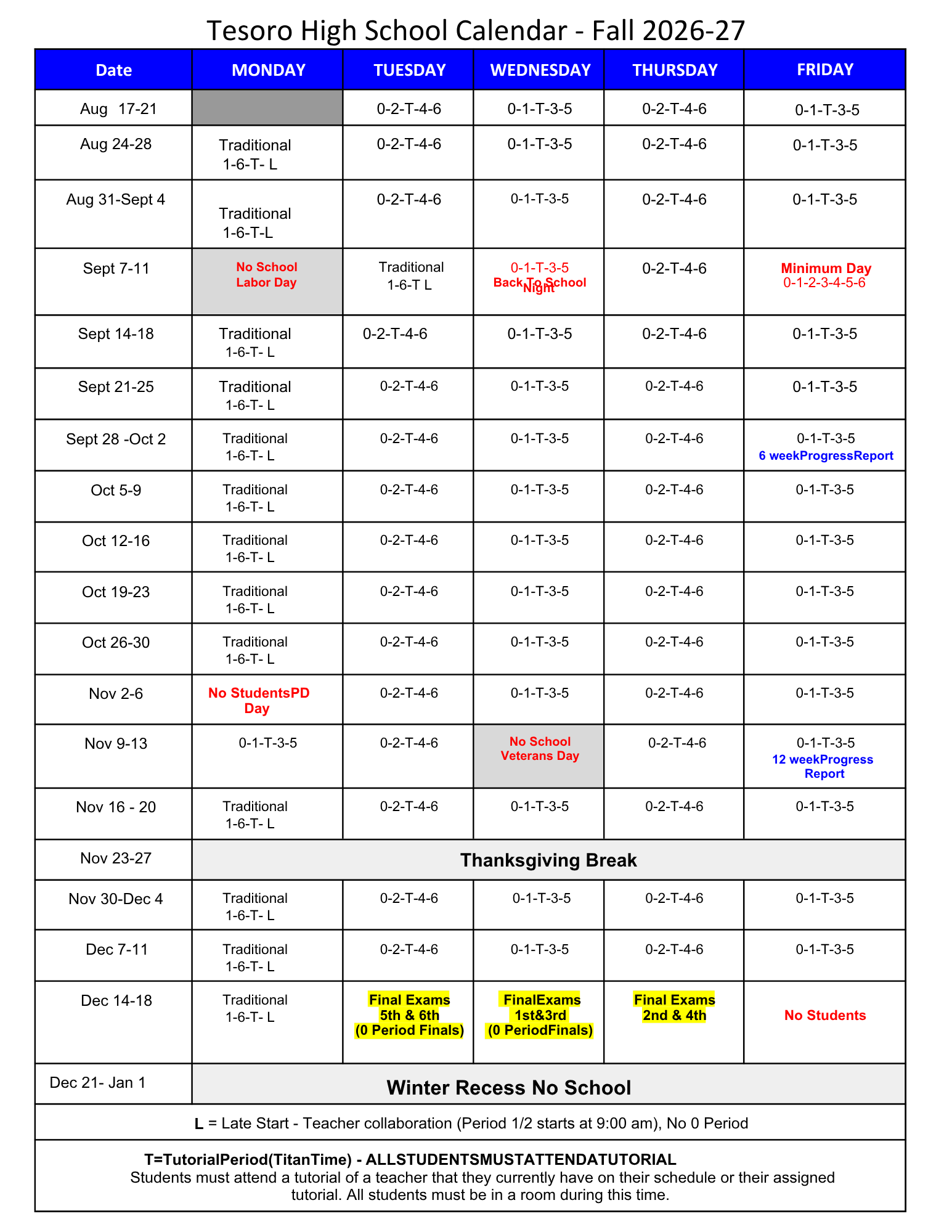 Tesoro High School Fall 2026-2027 calendar