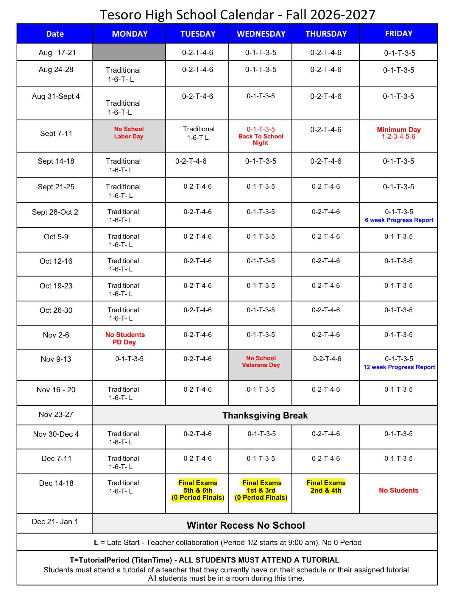 Tesoro High School Fall 2026-2027 calendar