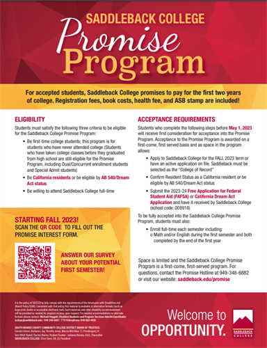 Saddleback Promise Program Flyer 2023